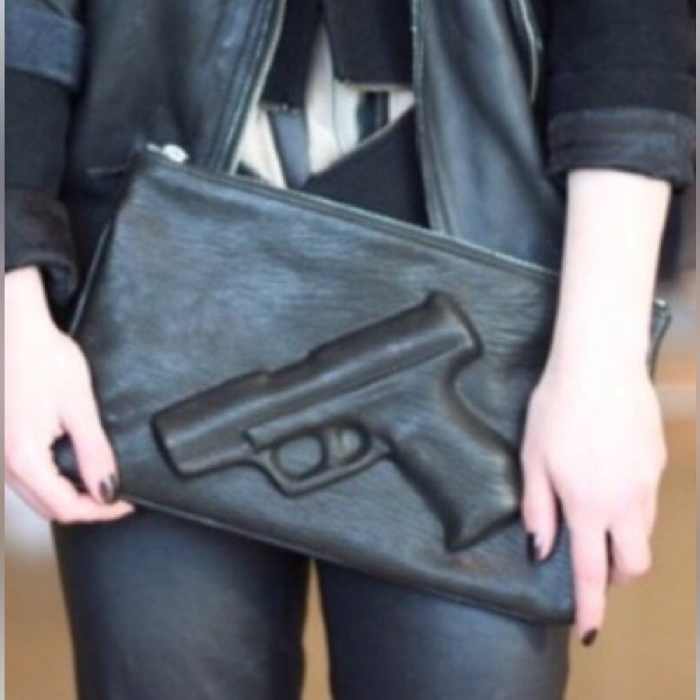 ❤️LAST ONE❤️ Black GUN Embossed Print GUARDIAN ANGEL Leather Crossbody Purse - Picture 3 of 12